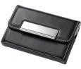 Black Leather & Stainless Steel Business Card Holder with Rectangular Plate
